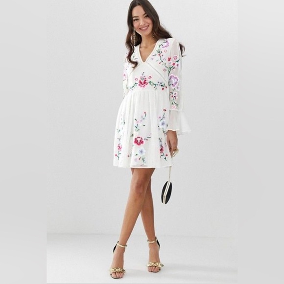 ASOS | Pink and Red Bell Sleeve Sundress MIDI with Embroidery - Picture 1 of 16